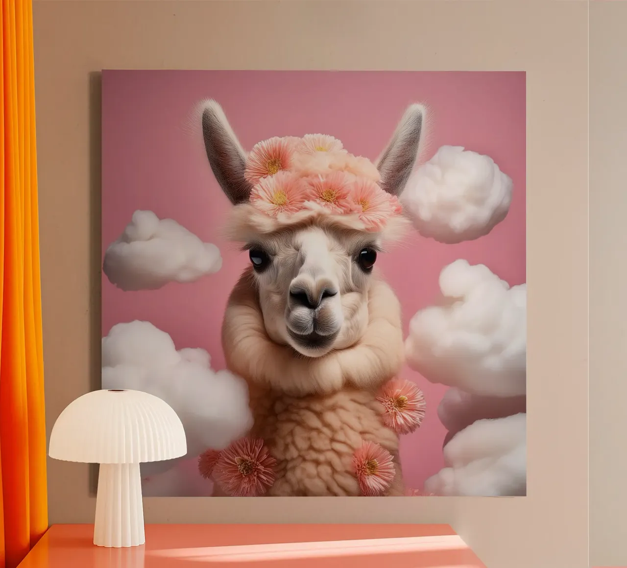 Blumengekröntes Lama in einer verträumten Wolkenlandschaft - Boho Animal Leinwand mit Schattenfugenrahmen von FlexiDesignsByK