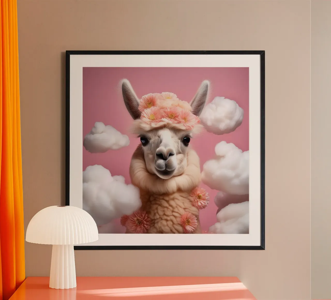Blumengekröntes Lama in einer verträumten Wolkenlandschaft - Boho Animal Hahnemühle von FlexiDesignsByK