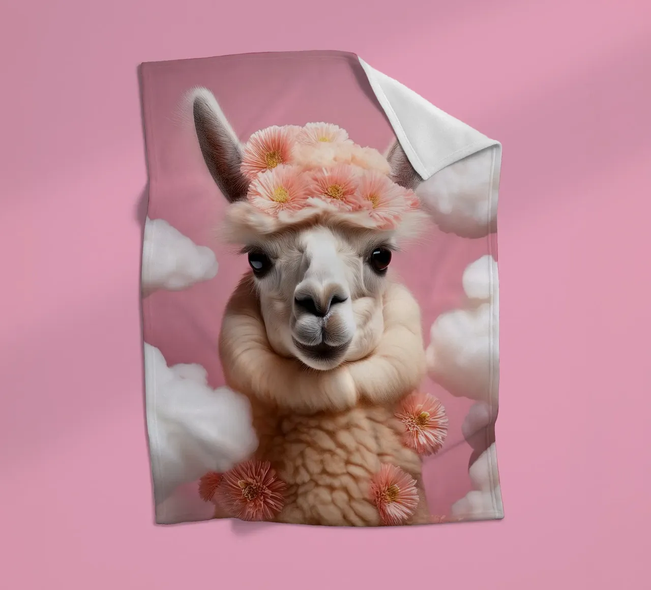 Blumengekröntes Lama in einer verträumten Wolkenlandschaft - Boho Animal Fleecedecke von FlexiDesignsByK