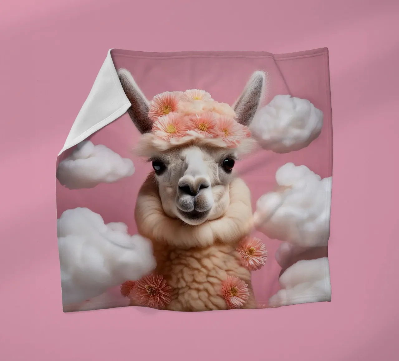 Blumengekröntes Lama in einer verträumten Wolkenlandschaft - Boho Animal Fleecedecke von FlexiDesignsByK