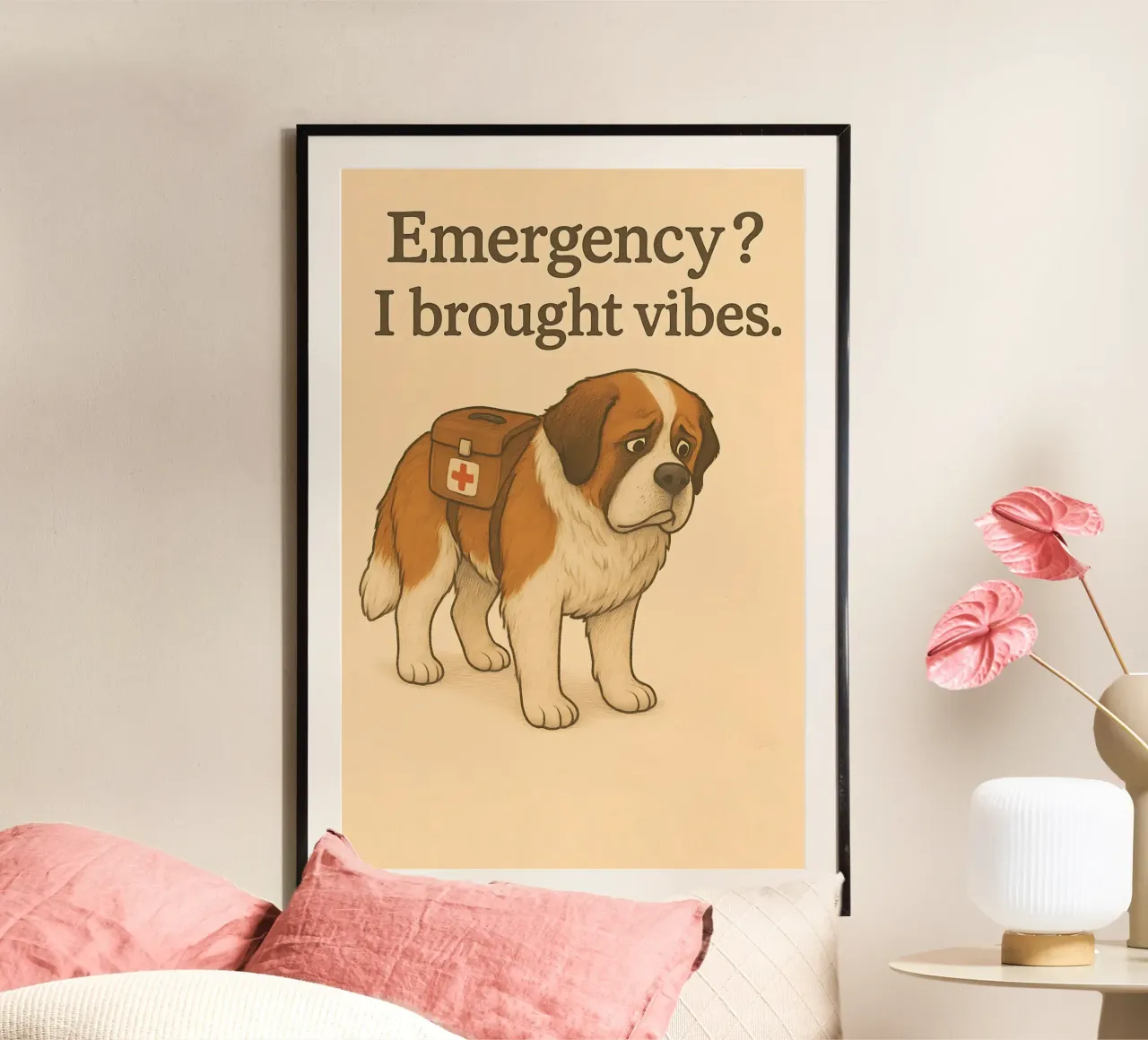 Meme divertente sul San Bernardo poster con telaio in legno da Funny Humor Art