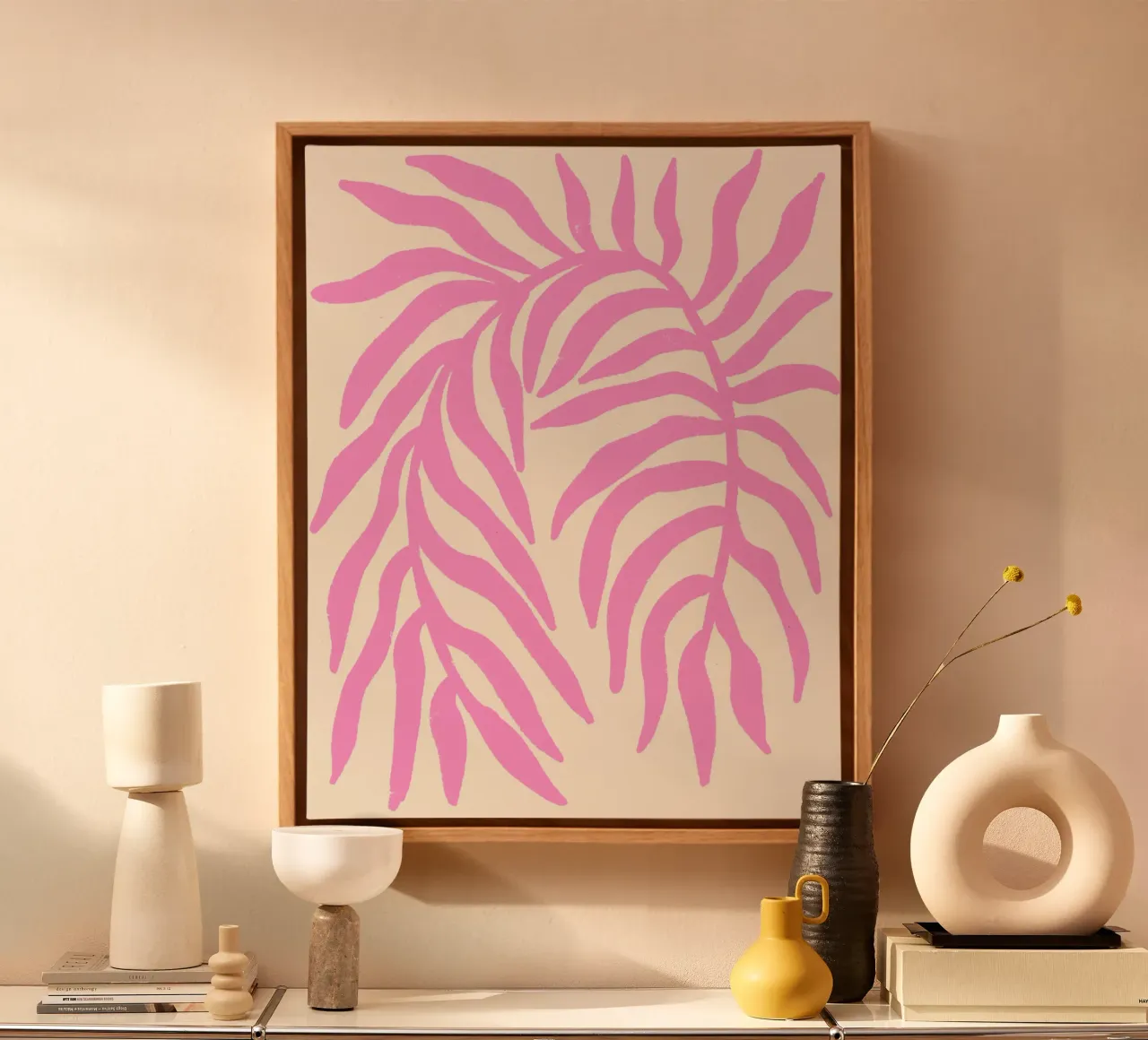Roze silhouet gestructureerde tak 1 canvas met Baklijst van Wackapacka