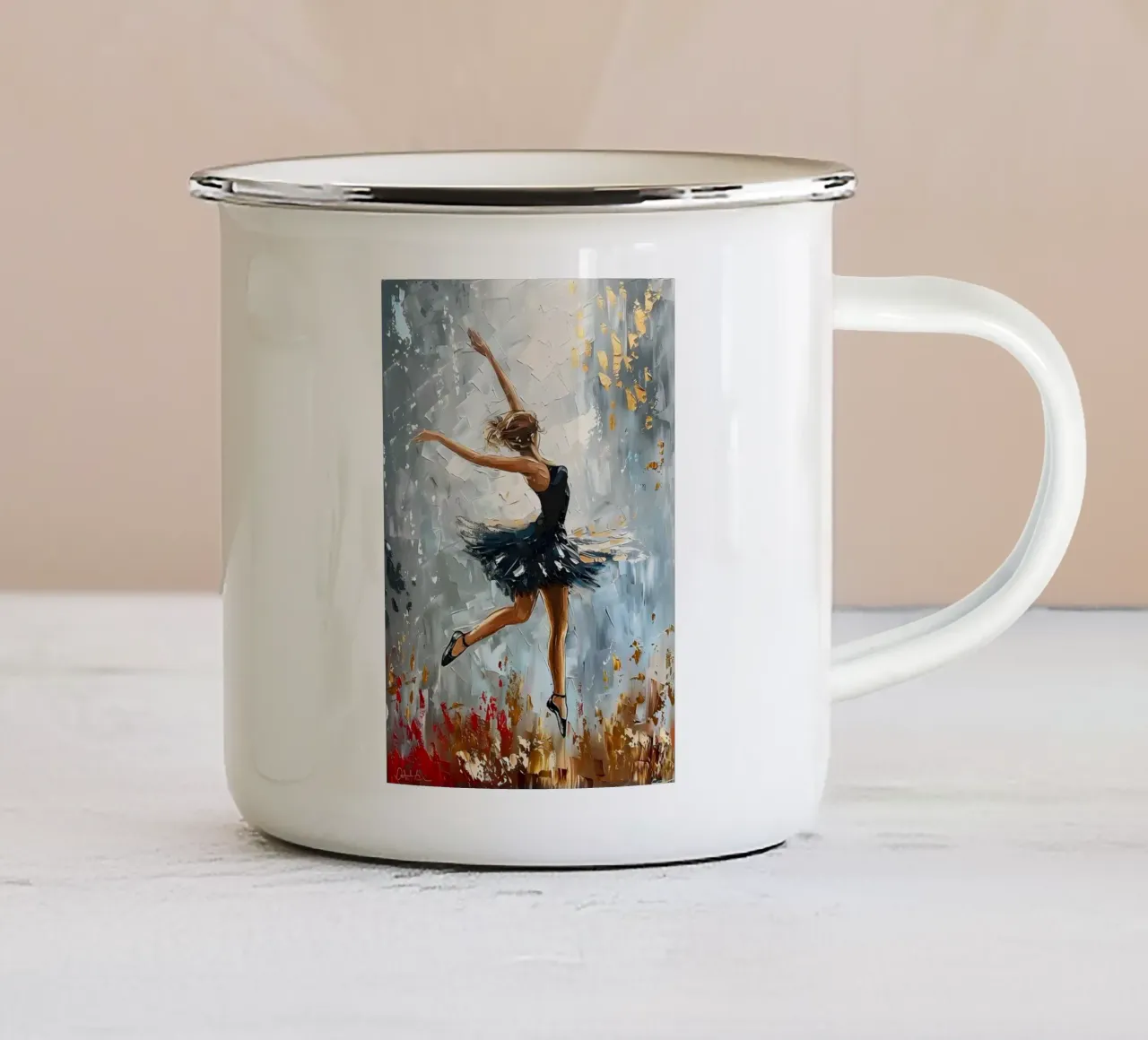 Ragazza che balla Pittura a olio tazza in smalto da Artful Muse