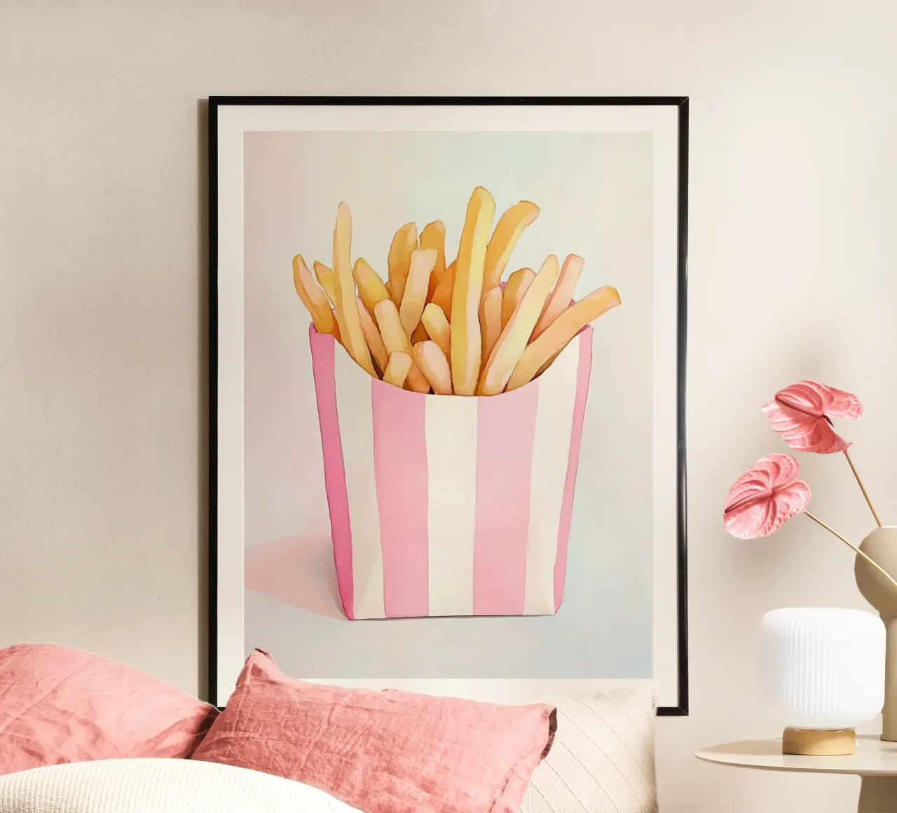 Golden retro fries, pastel poster by Carinaprint