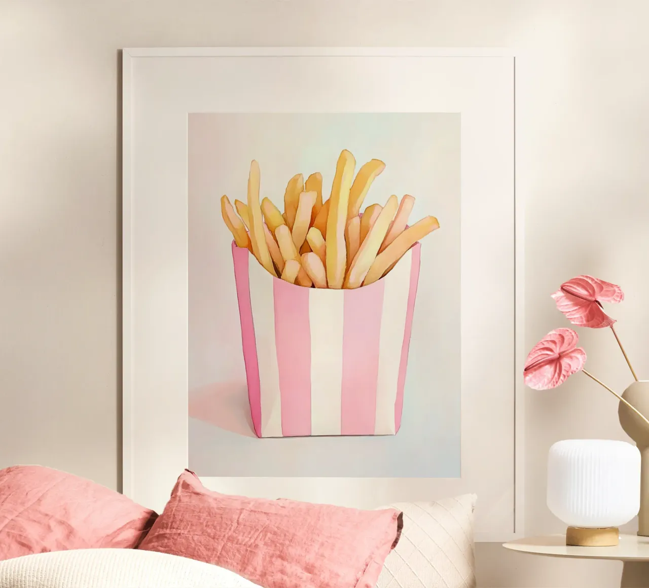 Golden retro fries, pastel poster by Carinaprint