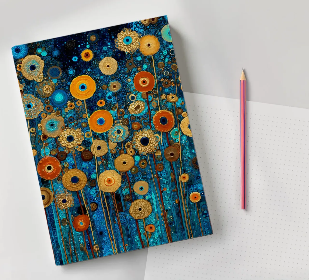 Flowers Garden Abstract A, style Gustav Klimt notebook by Mateo