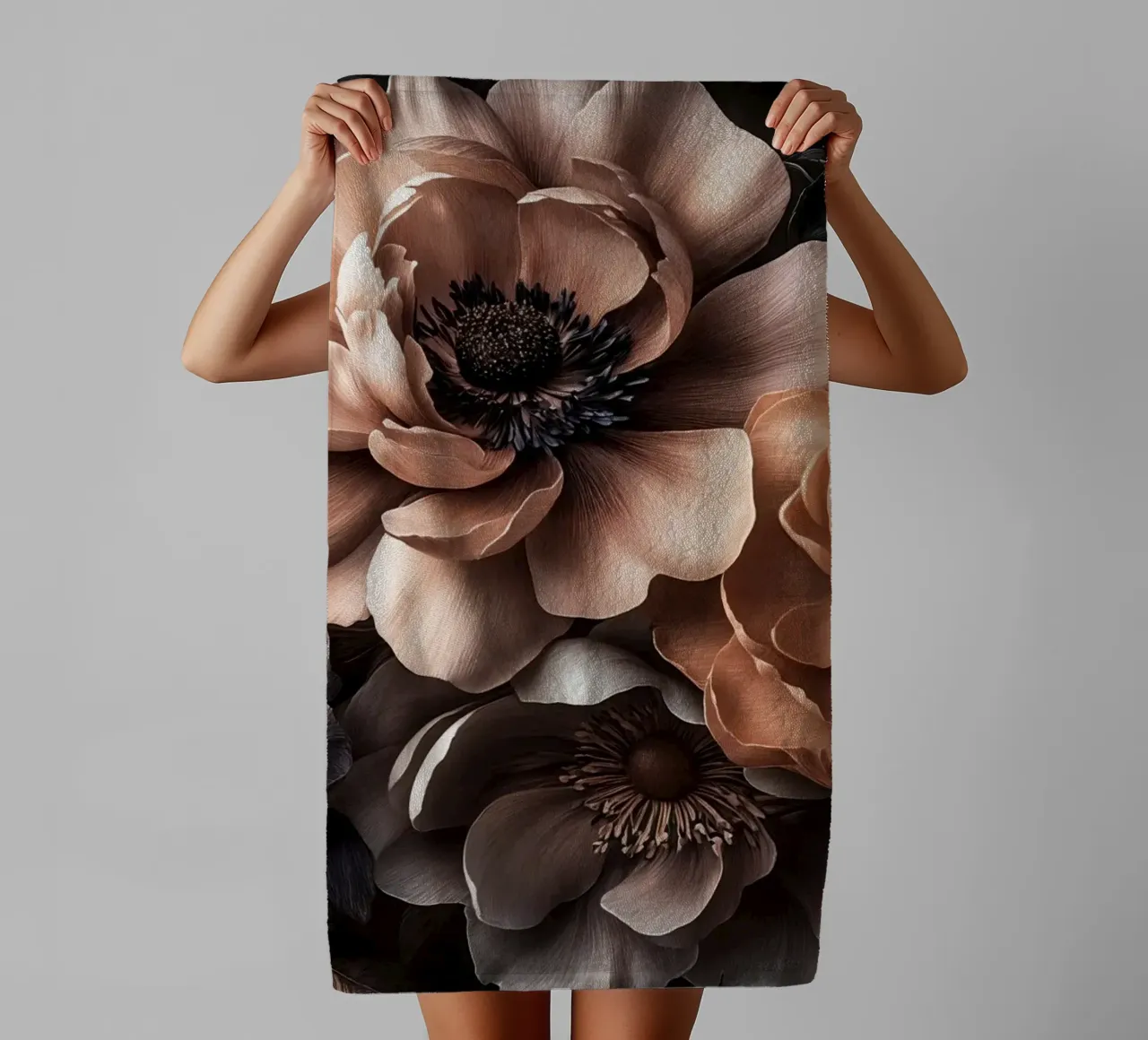 Noir Petal Fantasy Mocha Mousse Peach Brown towel by Andrea Haase Floral Passion