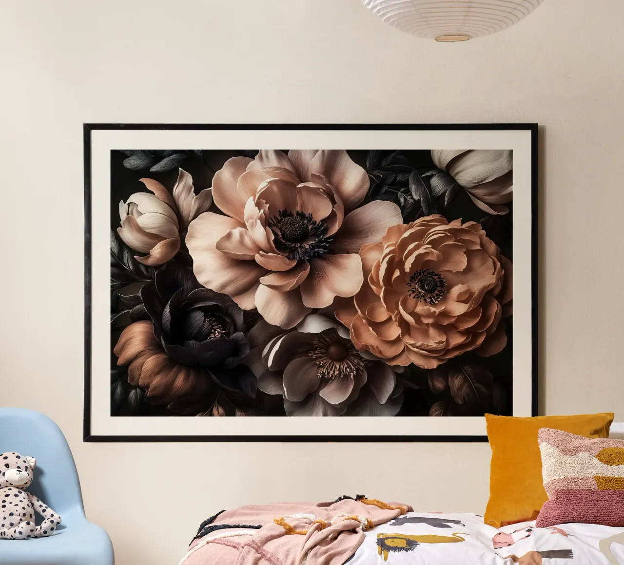 Noir Petal Fantasy Moka Mousse Marrone Pesca poster con telaio in alluminio da Andrea Haase Floral Passion