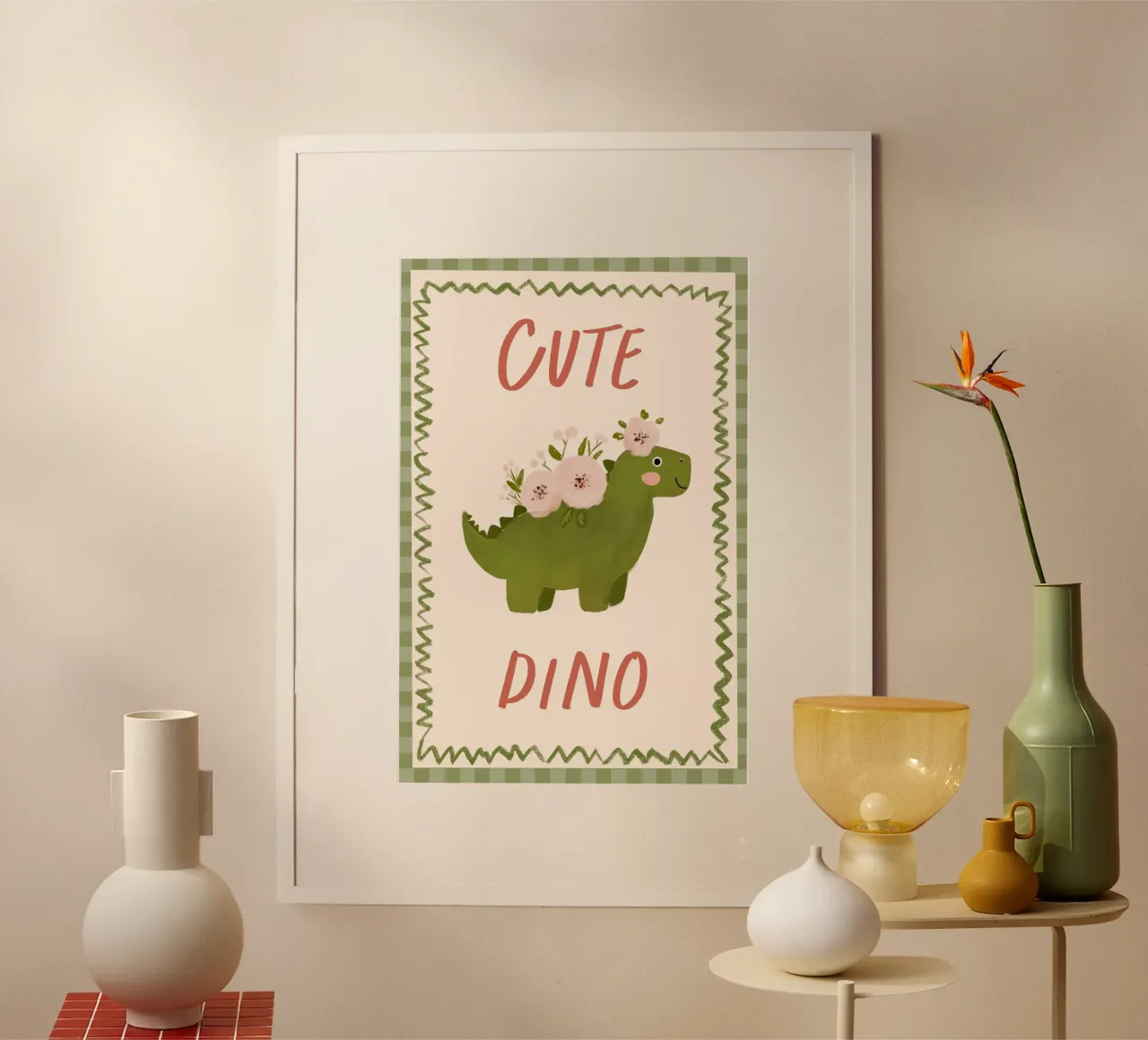 Stampa di un simpatico dinosauro, arte da parete per l'asilo nido, decorazione per la sala giochi poster con telaio in plastica da Little Lola