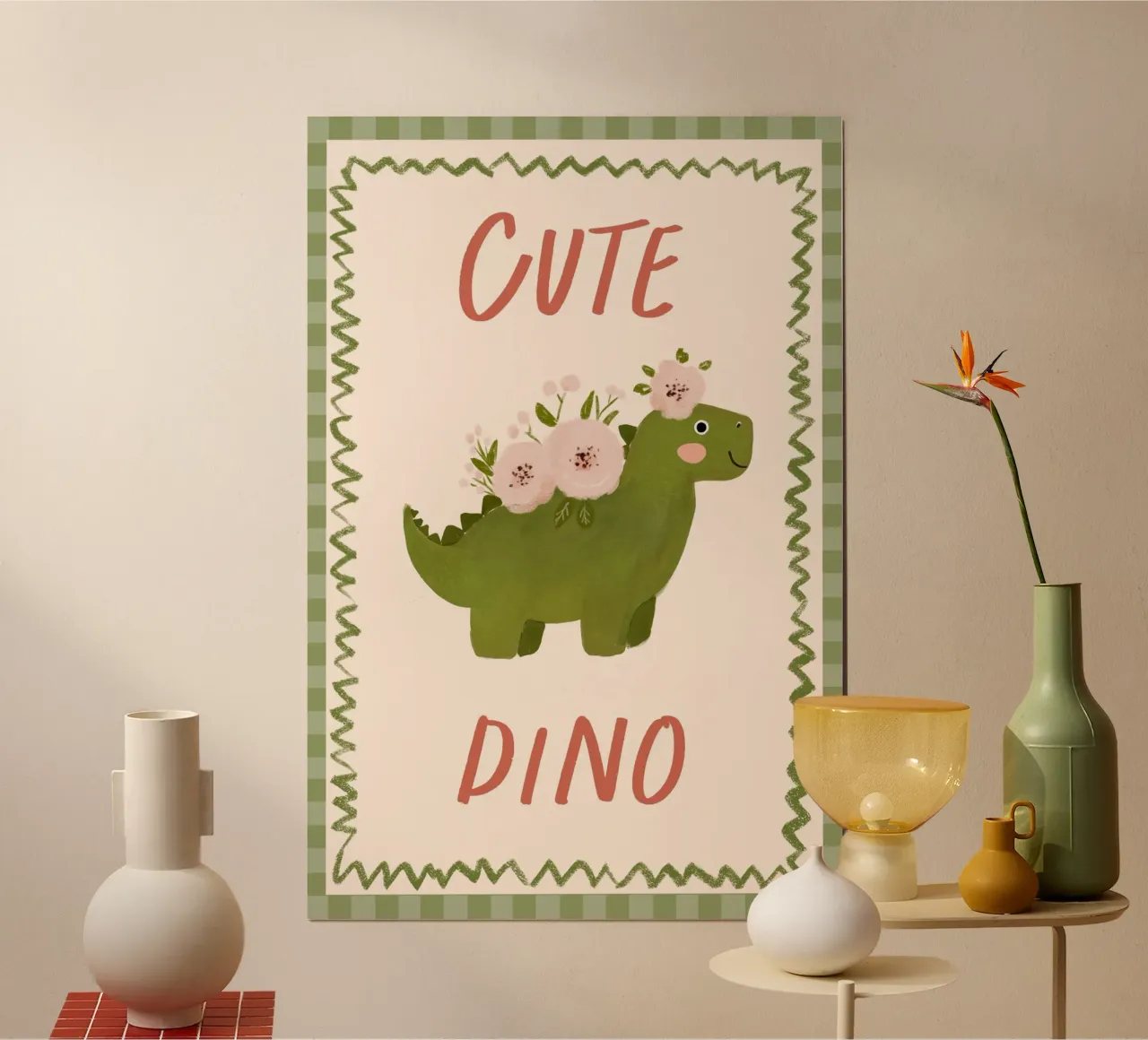 Stampa di un simpatico dinosauro, arte da parete per l'asilo nido, decorazione per la sala giochi poster con telaio in plastica da Little Lola