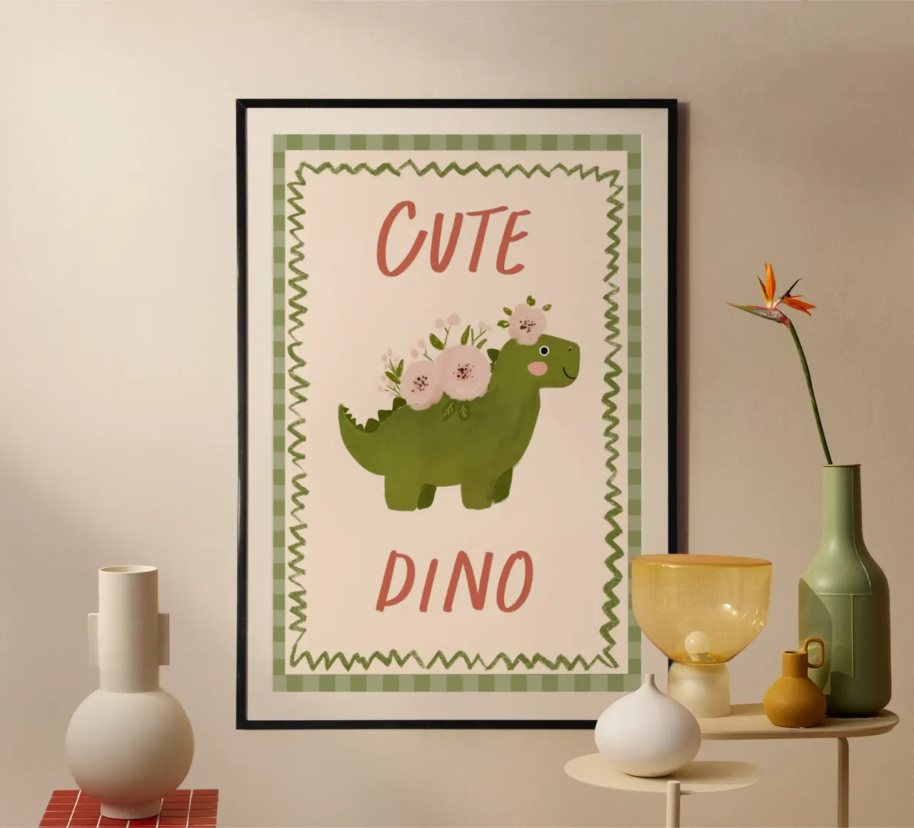 Stampa di un simpatico dinosauro, arte da parete per l'asilo nido, decorazione per la sala giochi poster con telaio in plastica da Little Lola