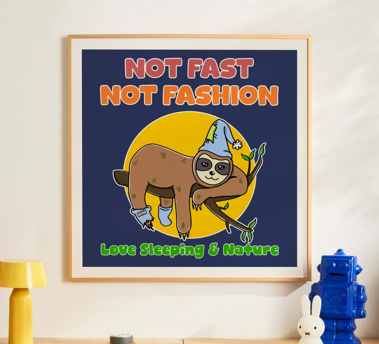 Paresseux Paresseux Mignon Pas Rapide Amoureux de la Nature Dormant poster avec cadre en bois de sillyindustries