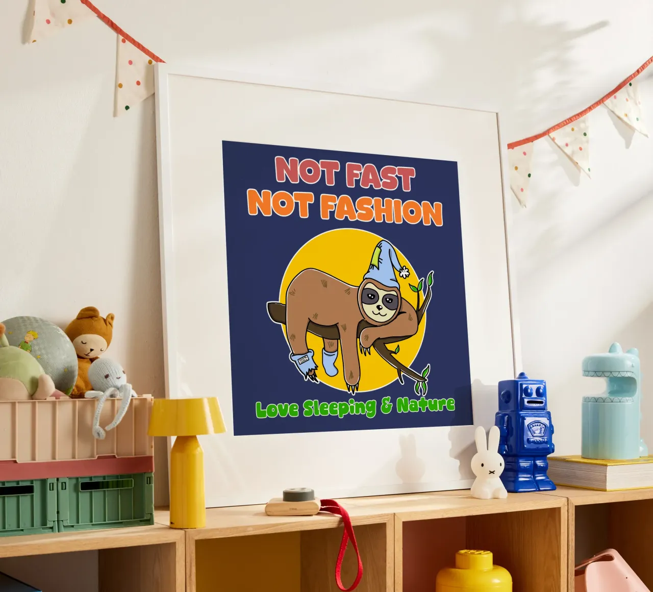 Paresseux Paresseux Mignon Pas Rapide Amoureux de la Nature Dormant poster avec cadre en bois de sillyindustries