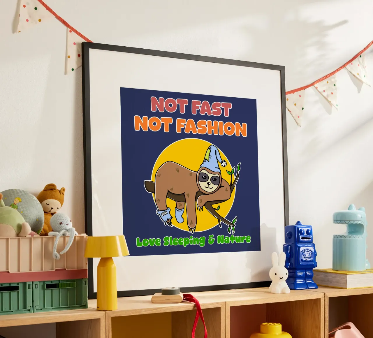Paresseux Paresseux Mignon Pas Rapide Amoureux de la Nature Dormant poster avec cadre en bois de sillyindustries