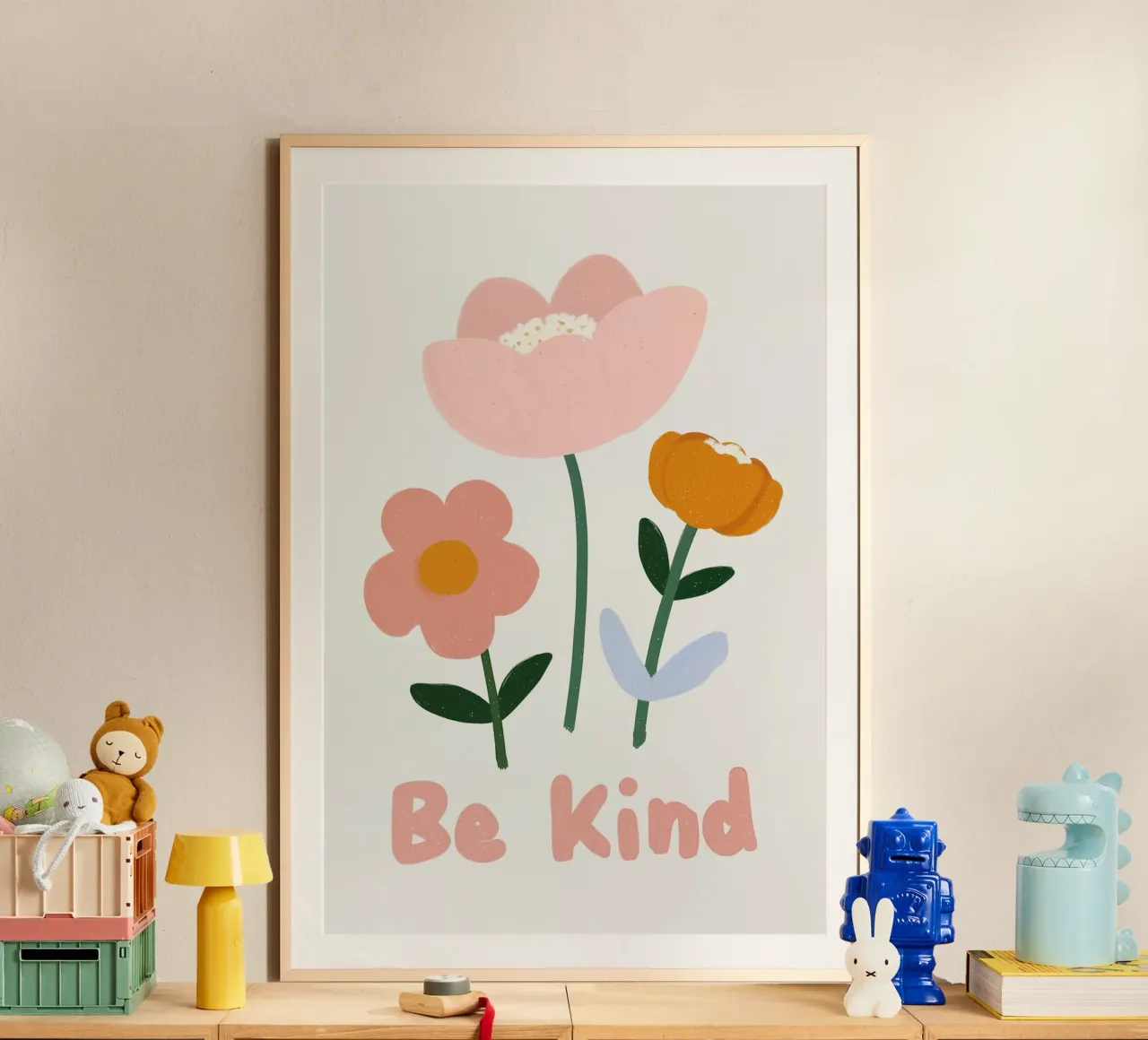 Essere gentili, poster floreale, arte murale per l'asilo nido, citazione positiva poster con telaio in plastica da Little Lola