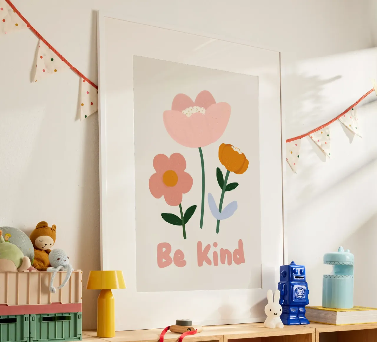 Essere gentili, poster floreale, arte murale per l'asilo nido, citazione positiva poster con telaio in plastica da Little Lola