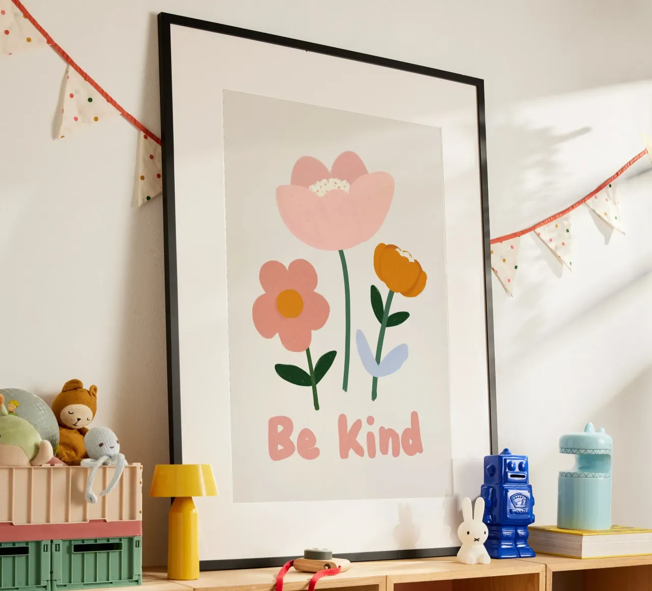 Essere gentili, poster floreale, arte murale per l'asilo nido, citazione positiva poster con telaio in plastica da Little Lola