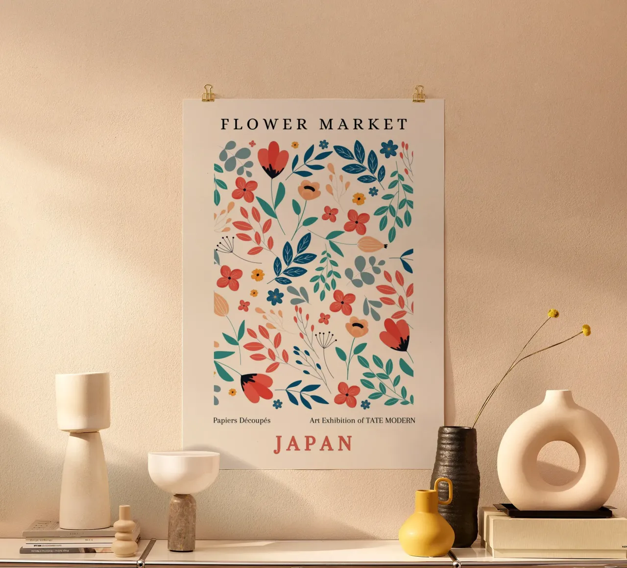 Mercato dei fiori Colorato Astratto Floreale Giappone Poster poster con telaio in legno da NorwesClub