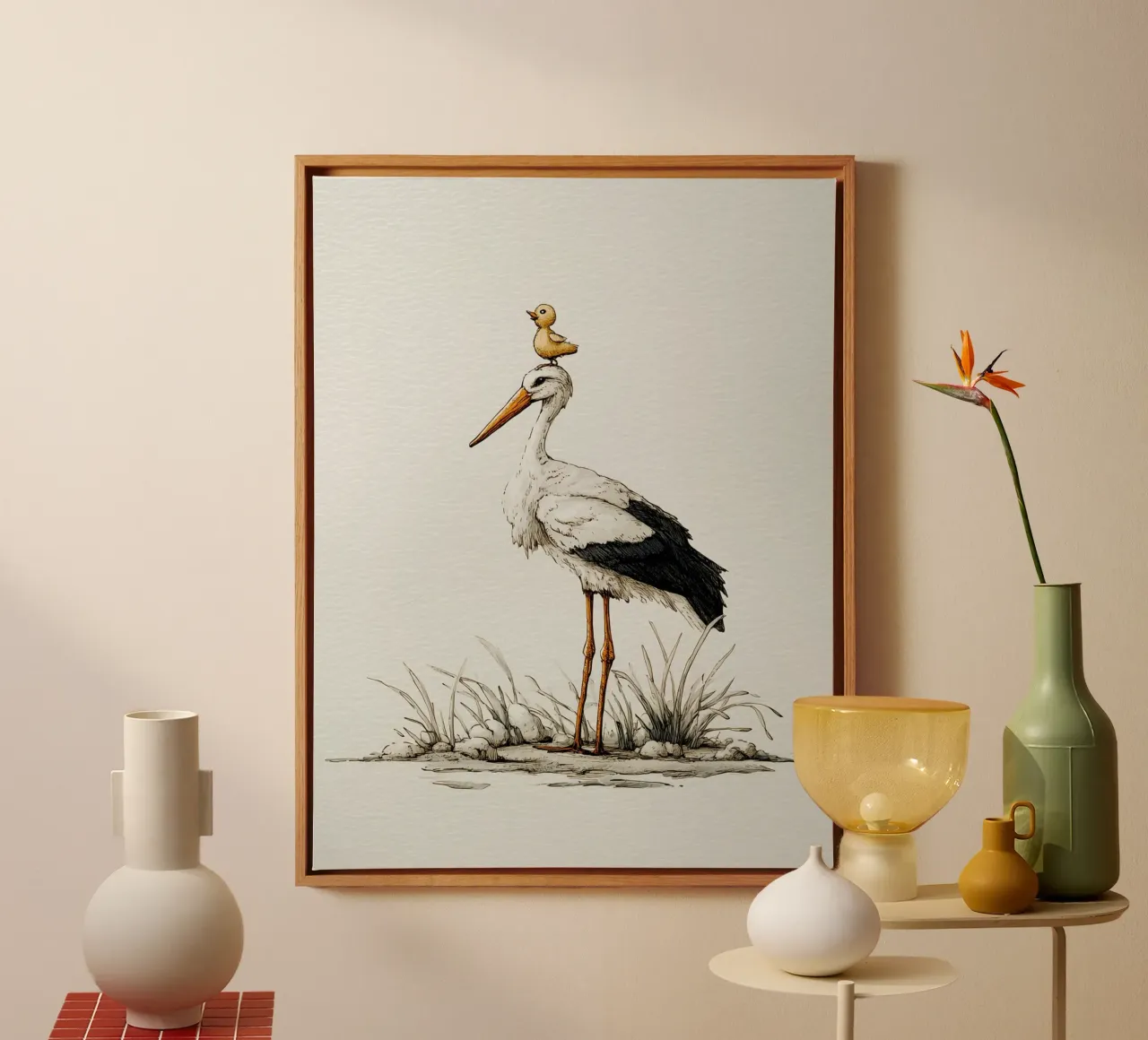 Rattling stork with duckling canvas by Carinaprint