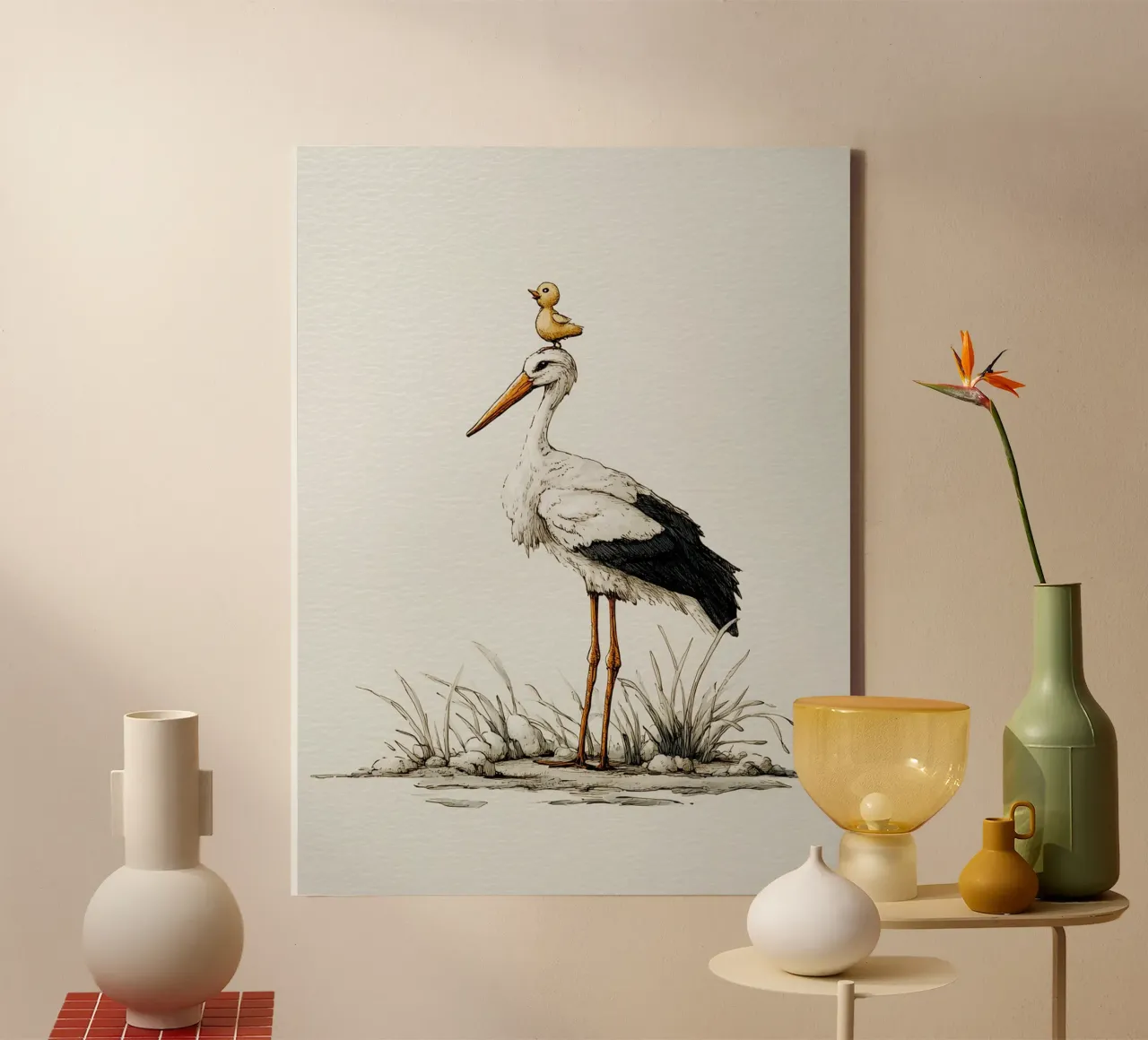 Rattling stork with duckling canvas by Carinaprint