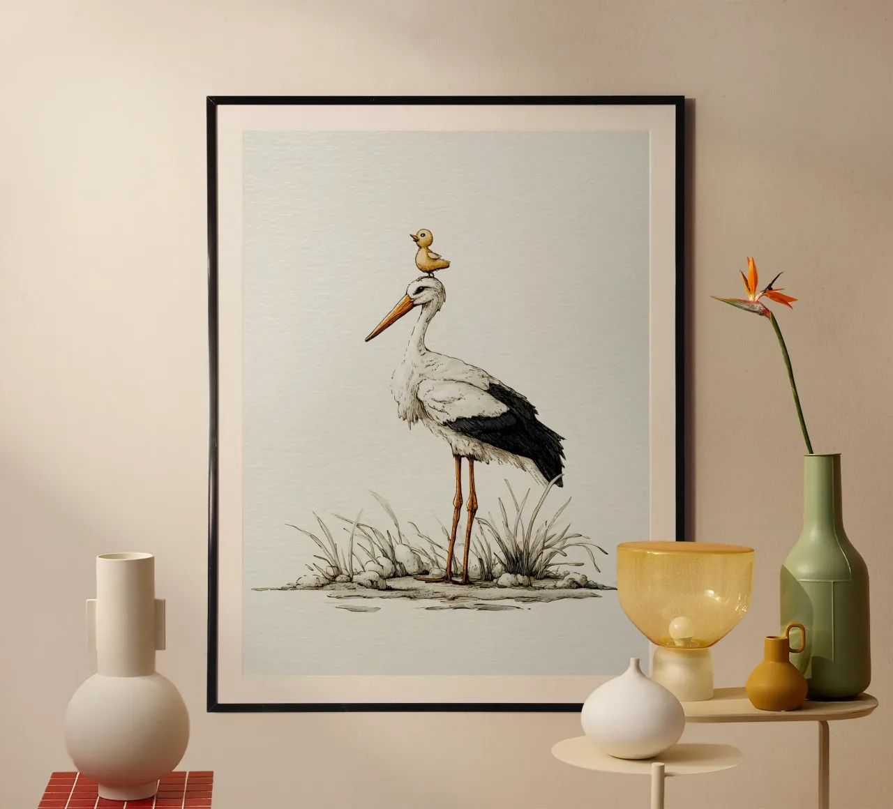 Cicogna a sonagli con anatroccolo poster da Carinaprint