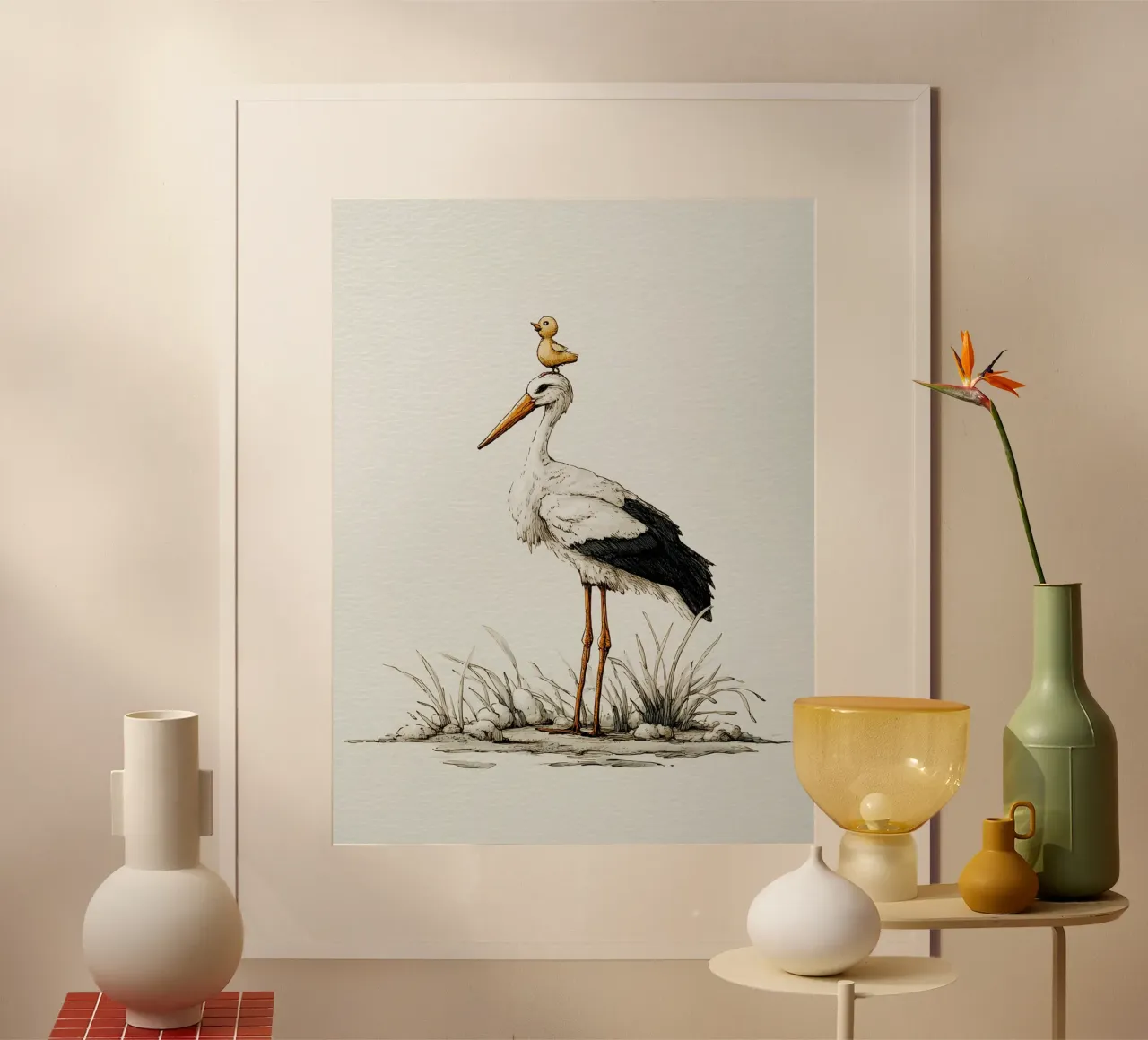 Cicogna a sonagli con anatroccolo poster da Carinaprint