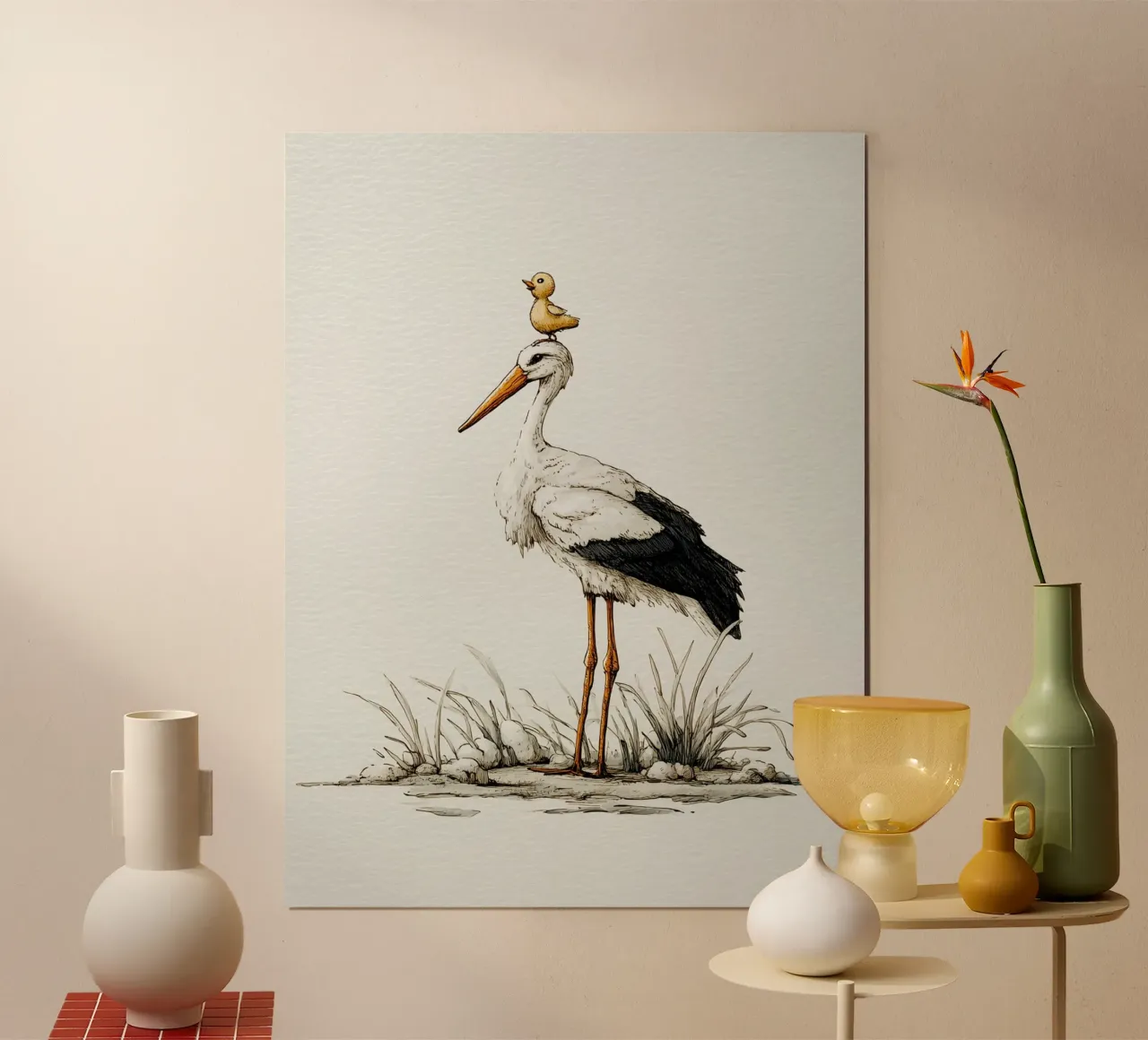 Cicogna a sonagli con anatroccolo poster da Carinaprint