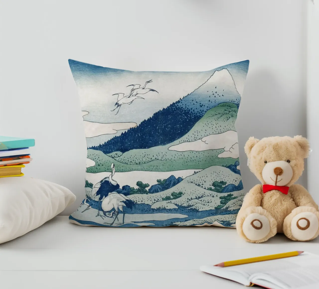 Hokusai Mount Fuji Cranes Iconic Ukiyo-e Print cuscino da NorwesClub