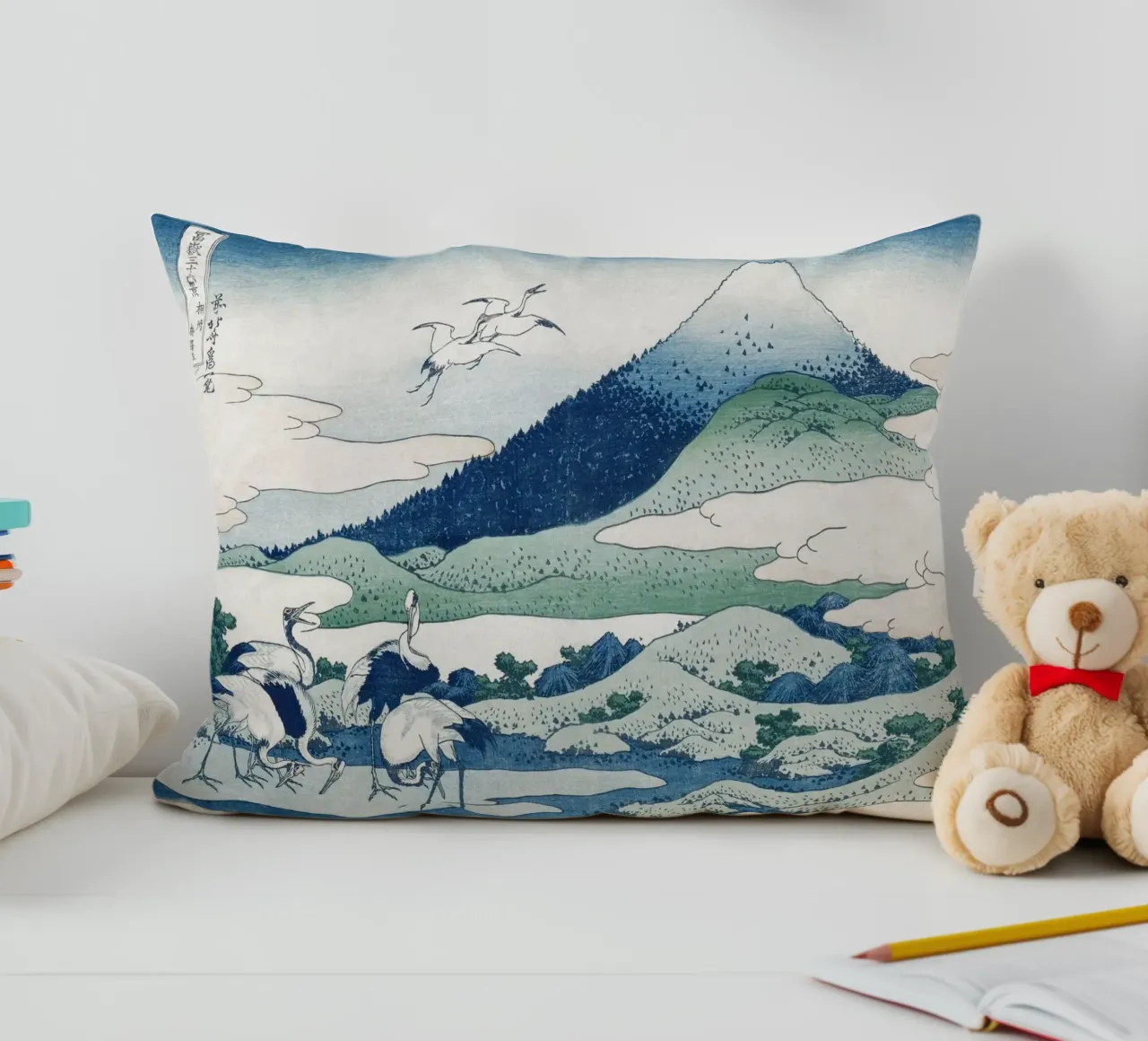 Hokusai Mount Fuji Cranes Iconic Ukiyo-e Print cuscino da NorwesClub