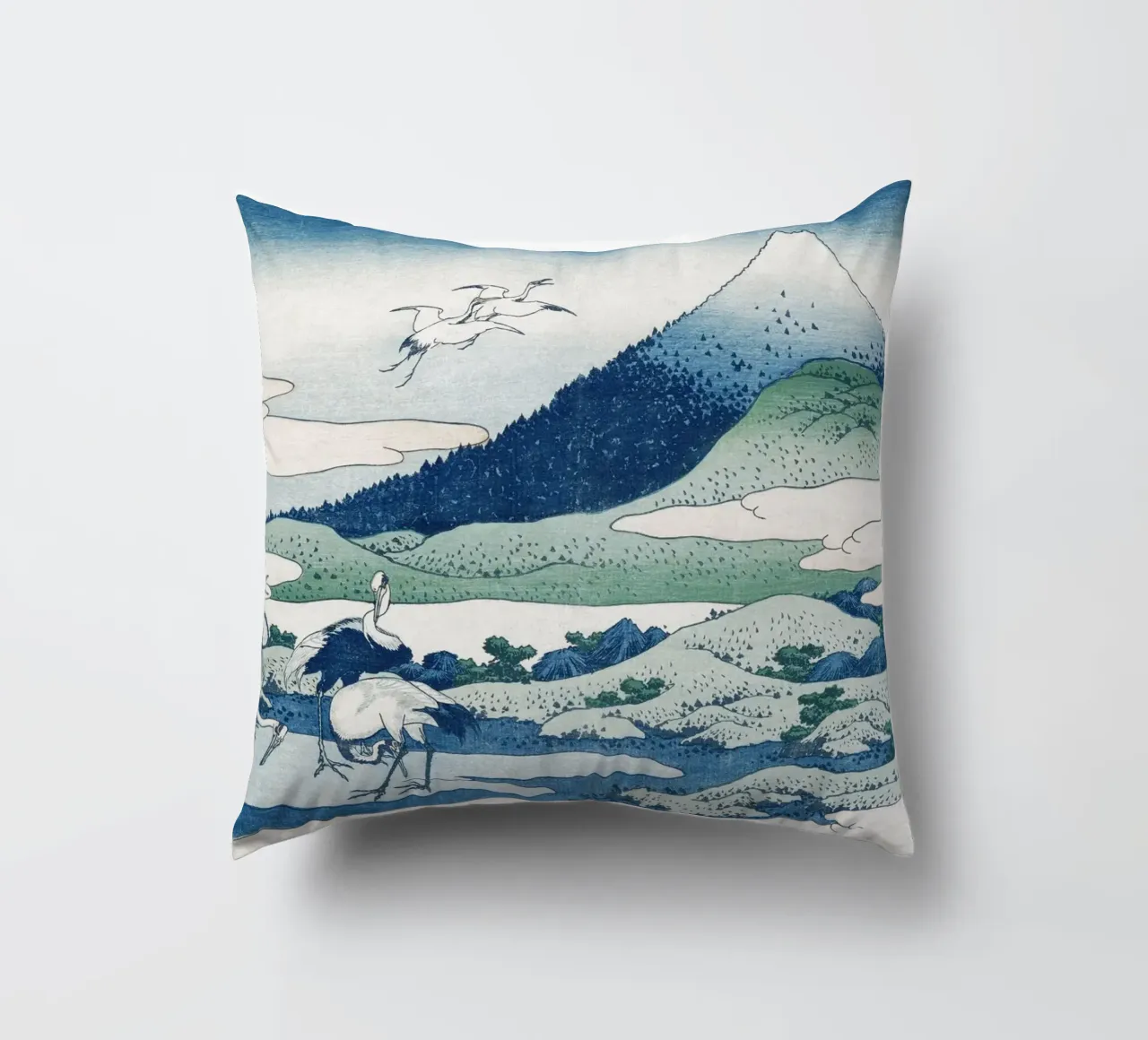 Hokusai Mount Fuji Cranes Iconic Ukiyo-e Print cuscino da NorwesClub