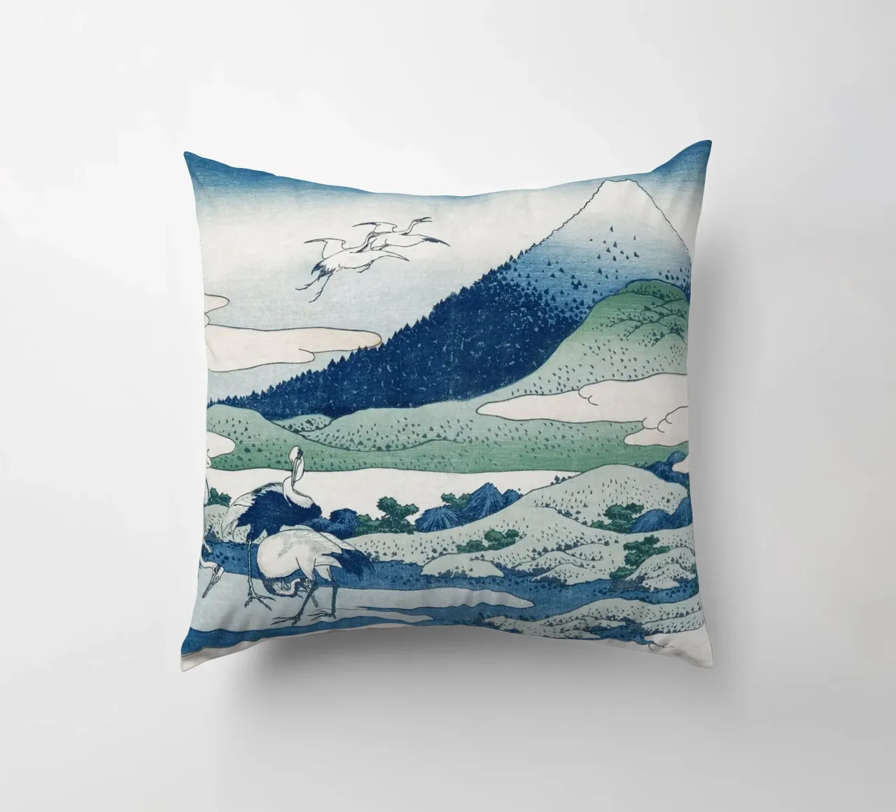Hokusai Mount Fuji Cranes Iconic Ukiyo-e Print cuscino da NorwesClub