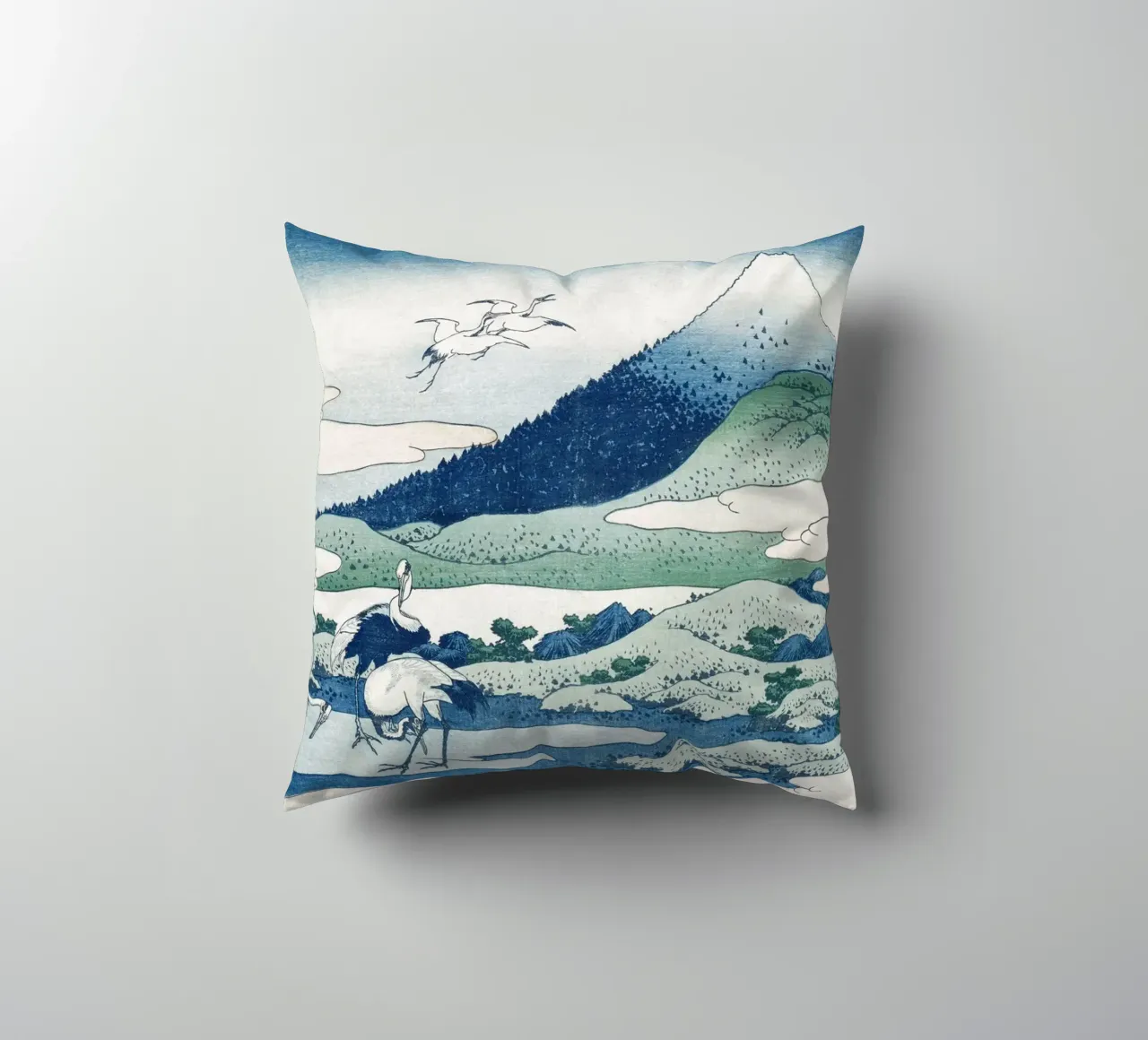 Hokusai Mount Fuji Cranes Iconic Ukiyo-e Print cuscino da NorwesClub
