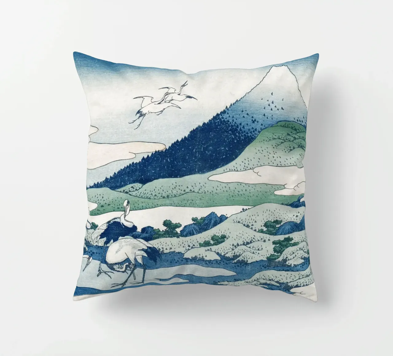 Hokusai Mount Fuji Cranes Iconic Ukiyo-e Print cuscino da NorwesClub