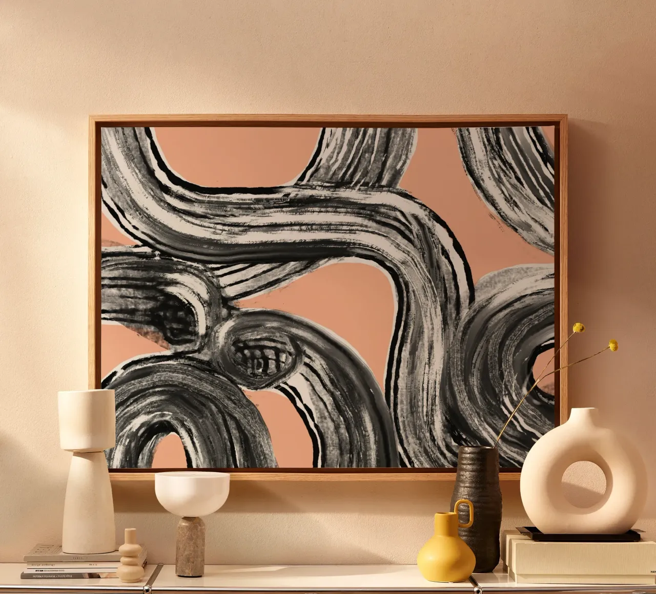 Zen line art in black pink V2 canvas by Little Dean