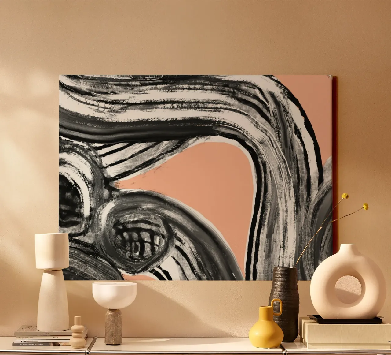 Zen line art in black pink V2 canvas by Little Dean