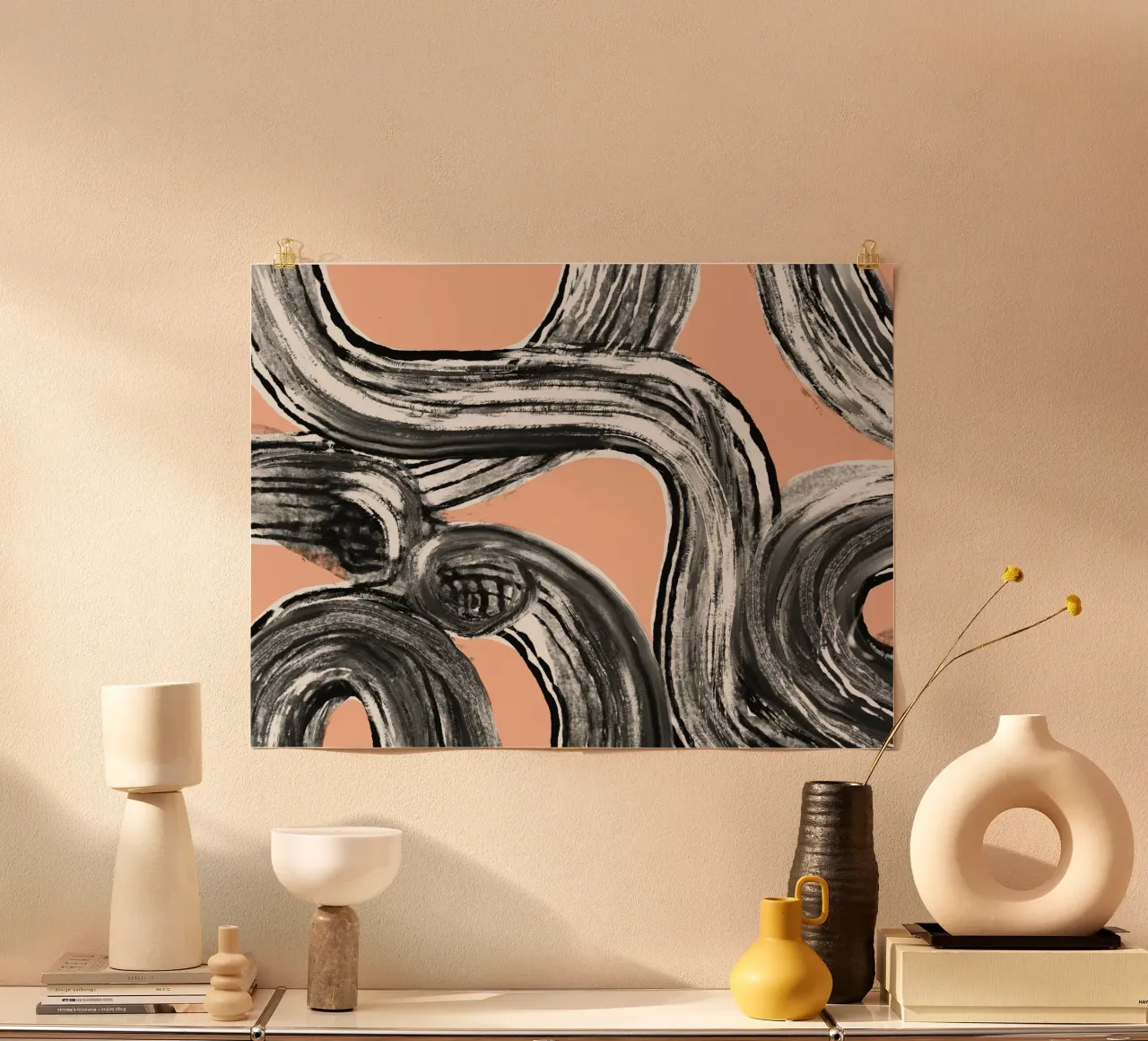 Dessin au trait zen en noir rose V2 poster de Little Dean