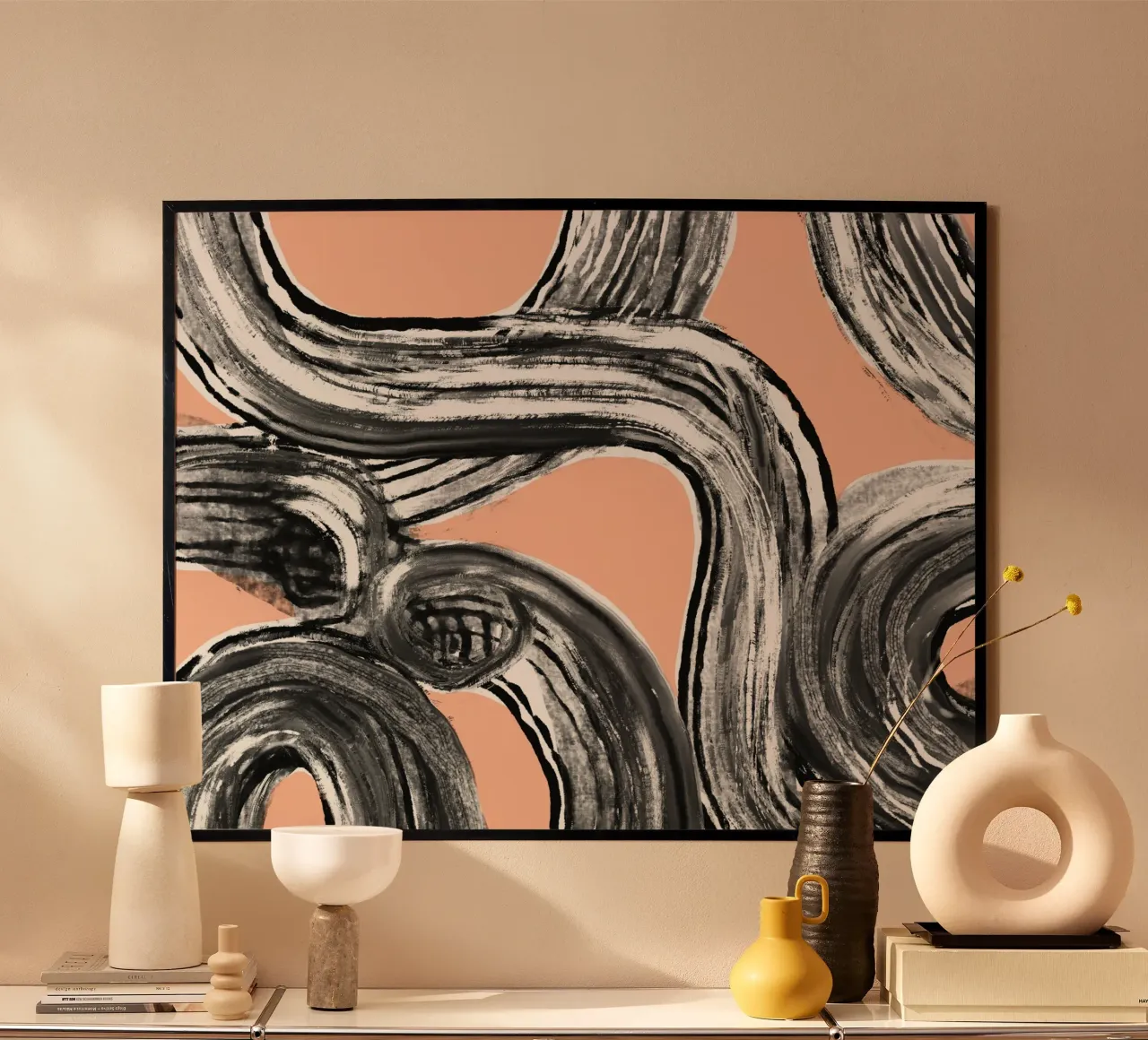 Dessin au trait zen en noir rose V2 poster de Little Dean