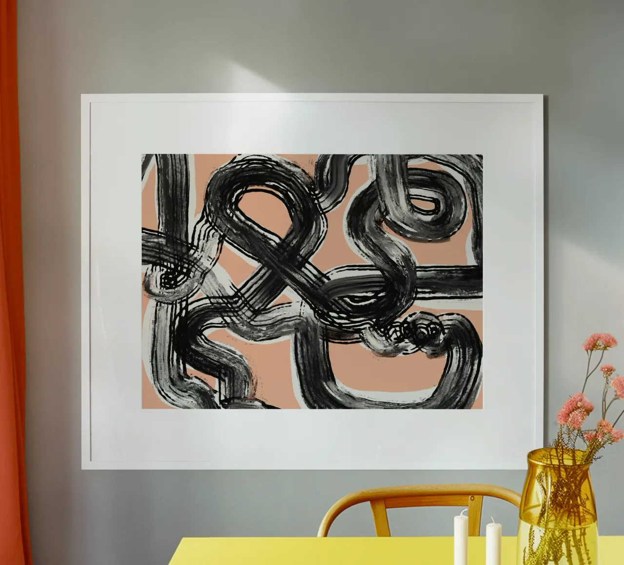 Line art zen in nero rosa poster con telaio in legno da Little Dean