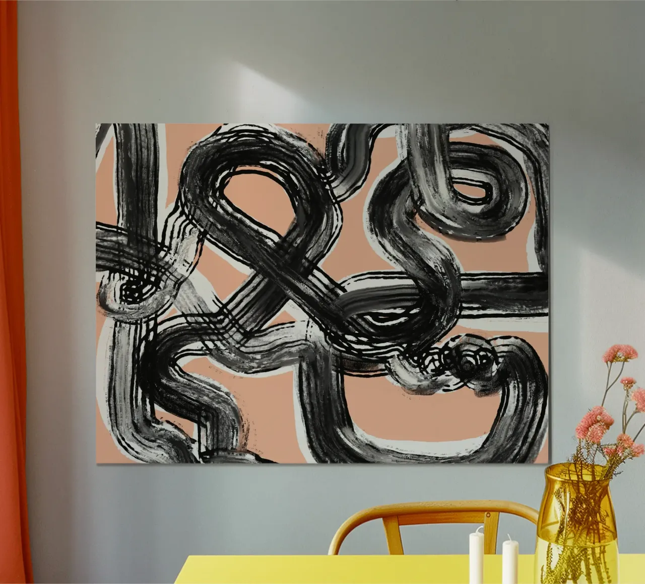 Line art zen in nero rosa poster con telaio in legno da Little Dean