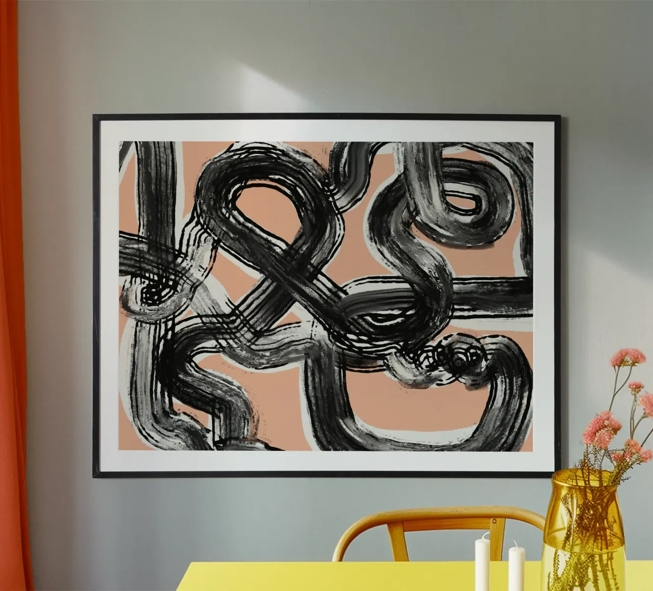 Line art zen in nero rosa poster con telaio in legno da Little Dean