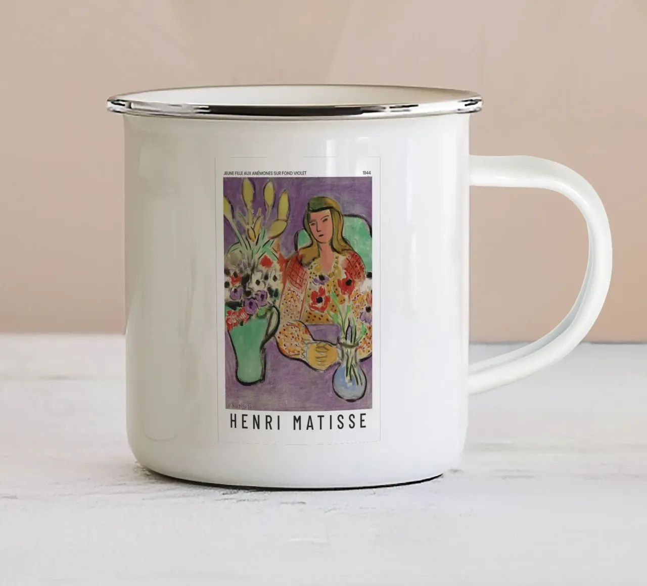 Henri Matisse - Ragazza con anemoni su sfondo viola tazza in smalto da Perdana shop