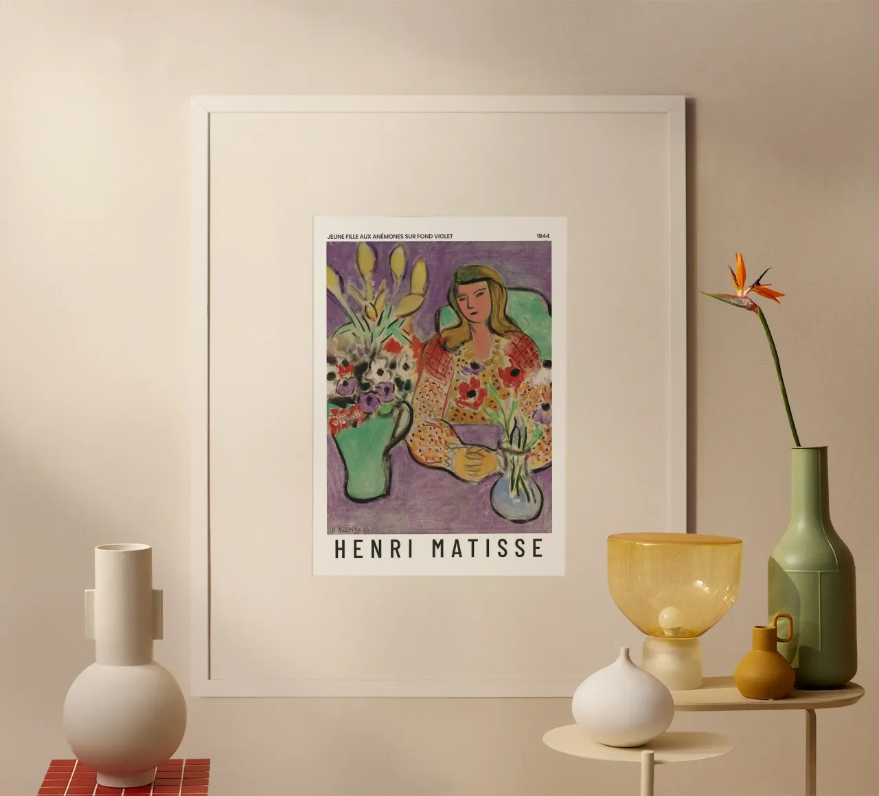 Henri Matisse - Ragazza con anemoni su sfondo viola poster con telaio in legno da Perdana shop