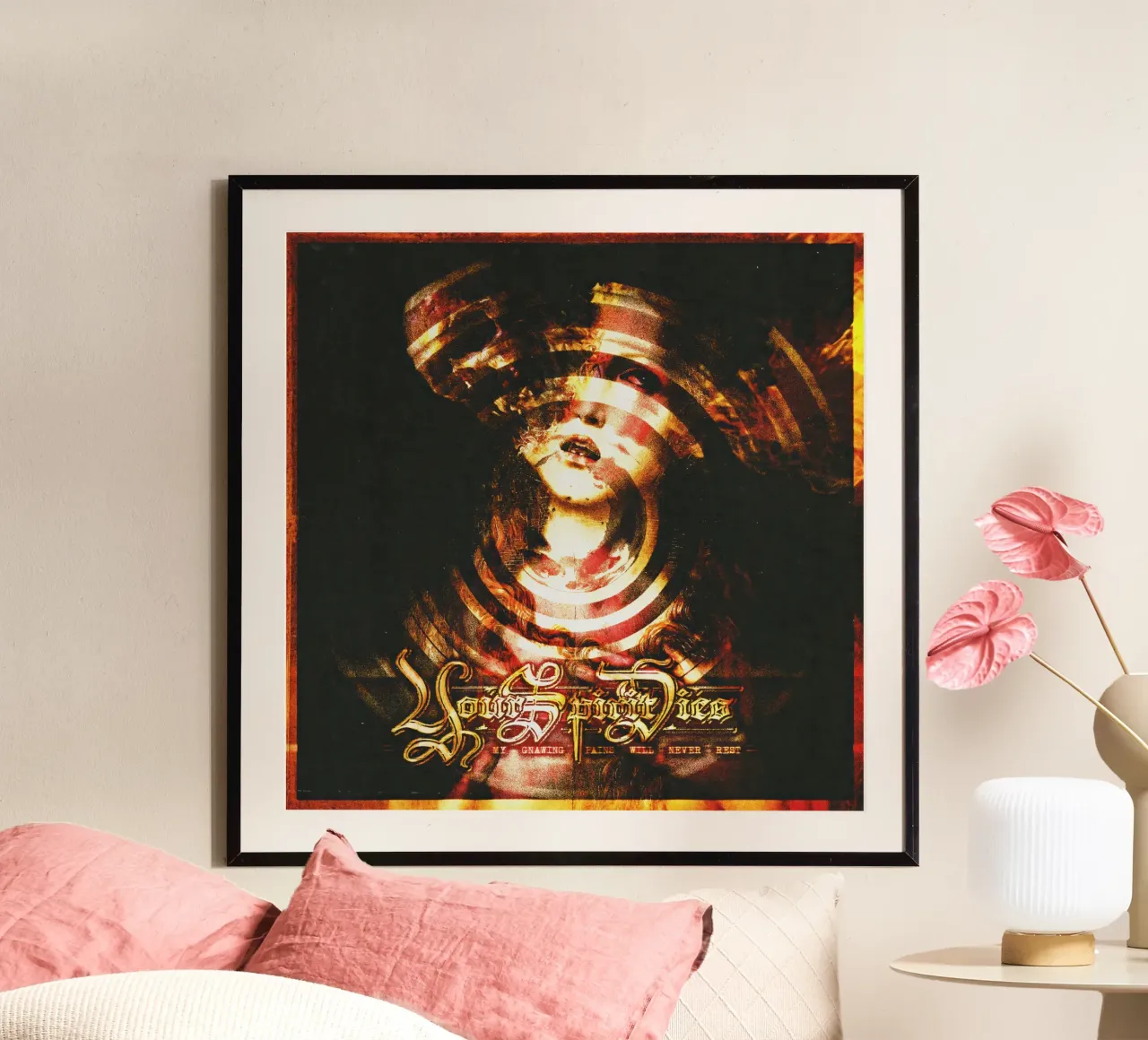 Ton esprit meurt Mes douleurs rongeantes ne s'apaiseront jamais poster avec cadre en aluminium de Band Merch