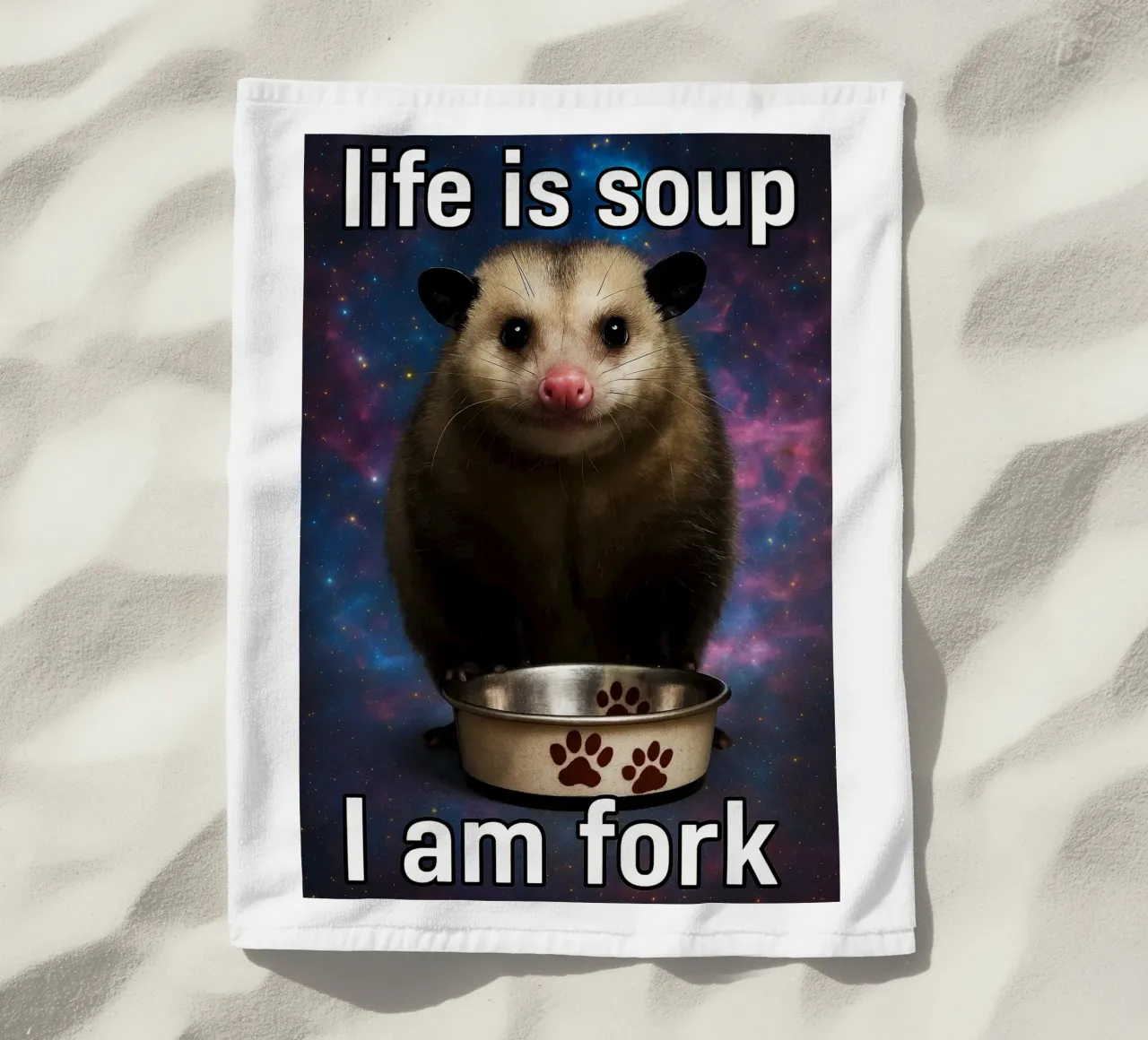 Life is Soup I Am Fork Possum beach towel by the gondals