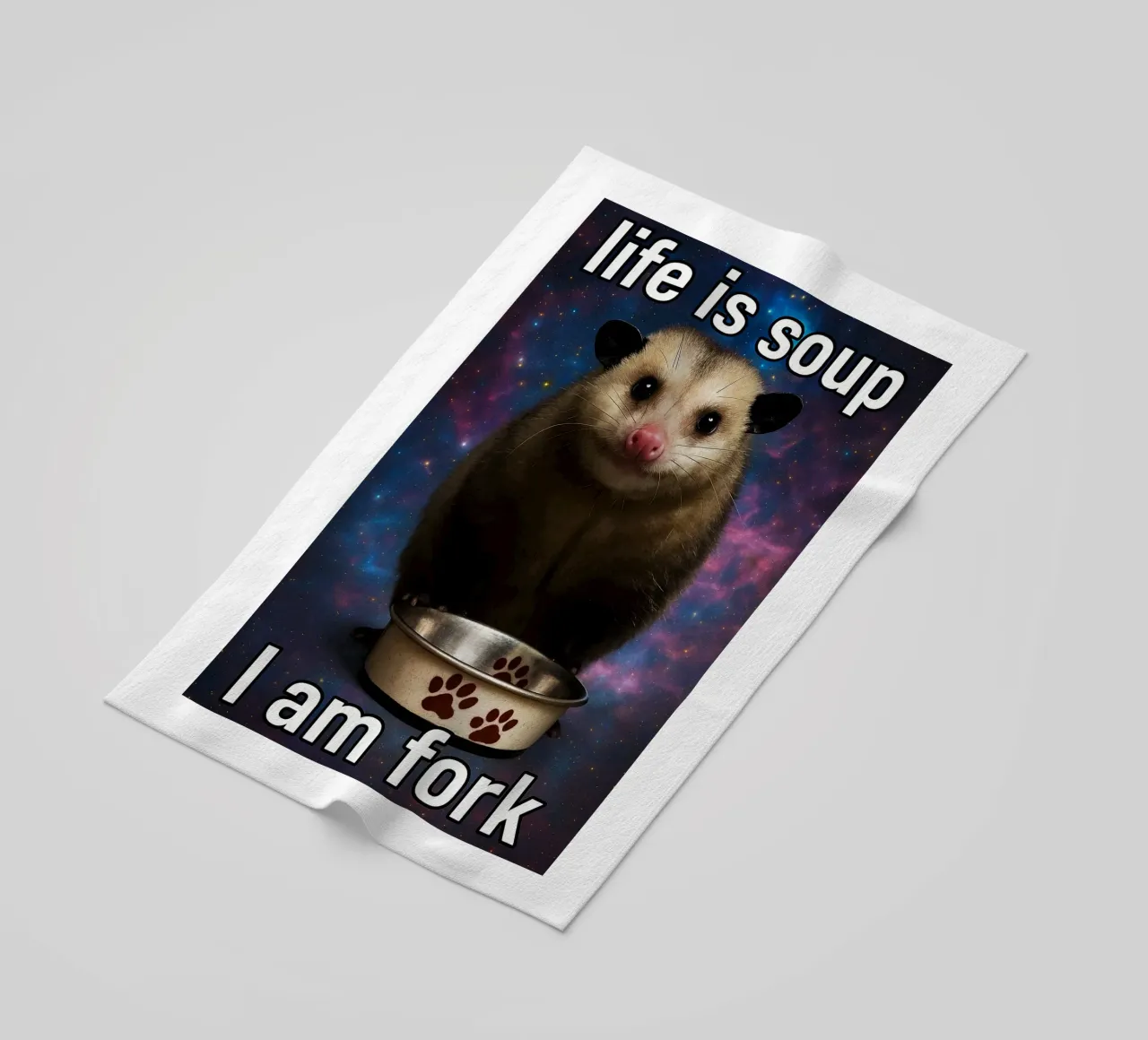 Life is Soup I Am Fork Possum beach towel by the gondals