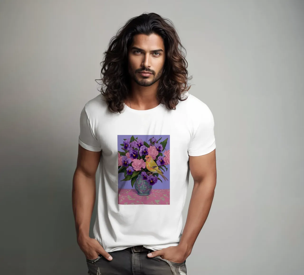 Viole in fiore con uccelli t-shirt da Carinaprint