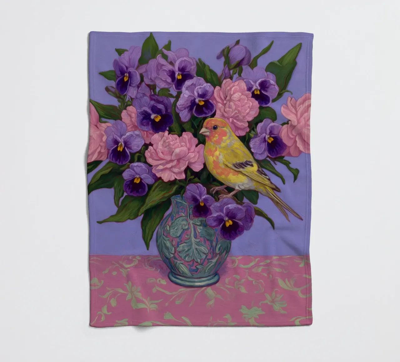 Viole in fiore con uccelli coperta in pile da Carinaprint