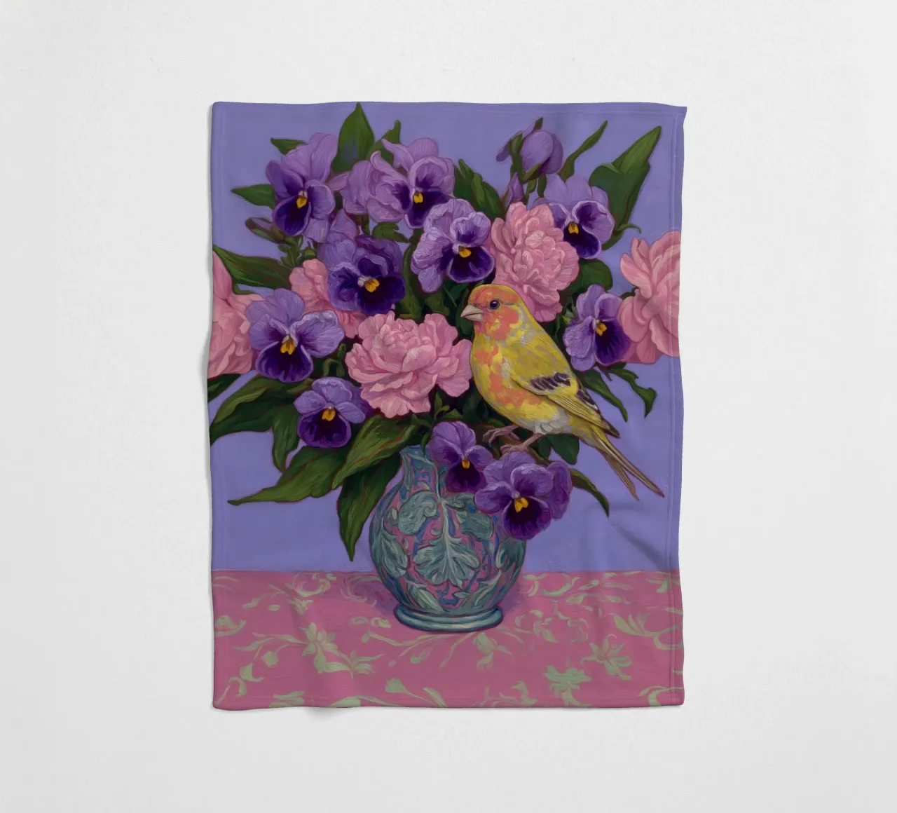 Viole in fiore con uccelli coperta in pile da Carinaprint
