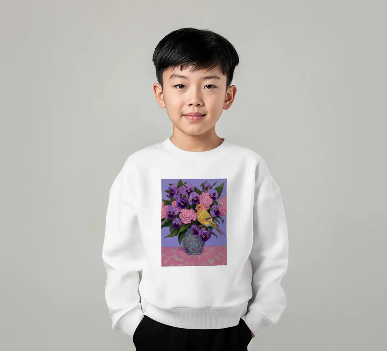 Viole in fiore con uccelli felpa bambino da Carinaprint