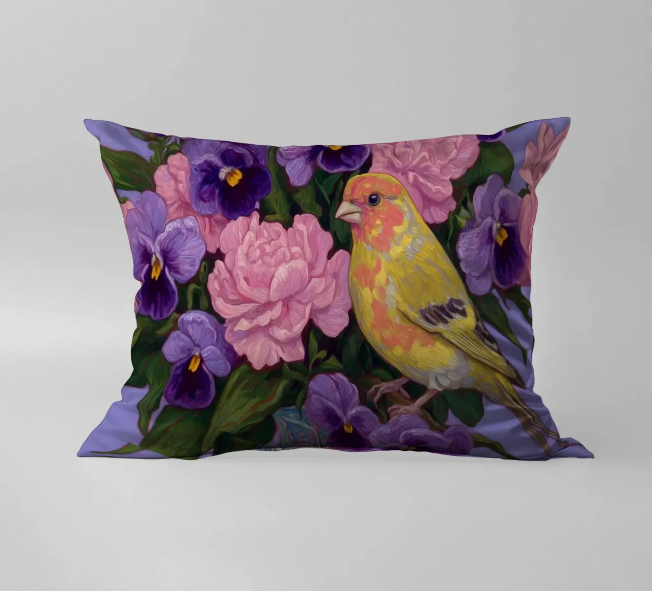 Viole in fiore con uccelli cuscino da Carinaprint